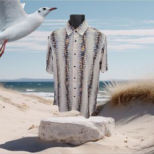 BASSIRI MEN'S CASUAL ABSTRACT SHORT SLEEVE SHIRT. GRAY TAN NAVY BROWN. 5186